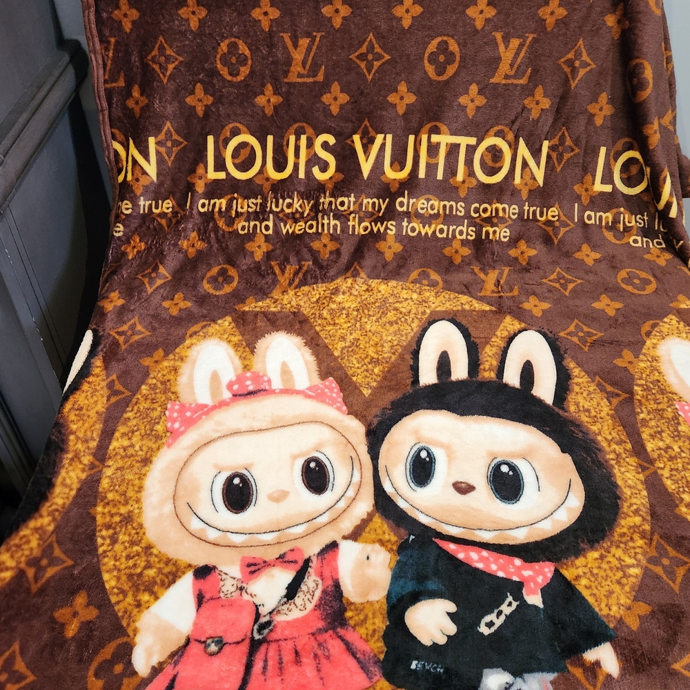 Love Home Plush Fleece Throw - Brown & Gold Bunny Motif